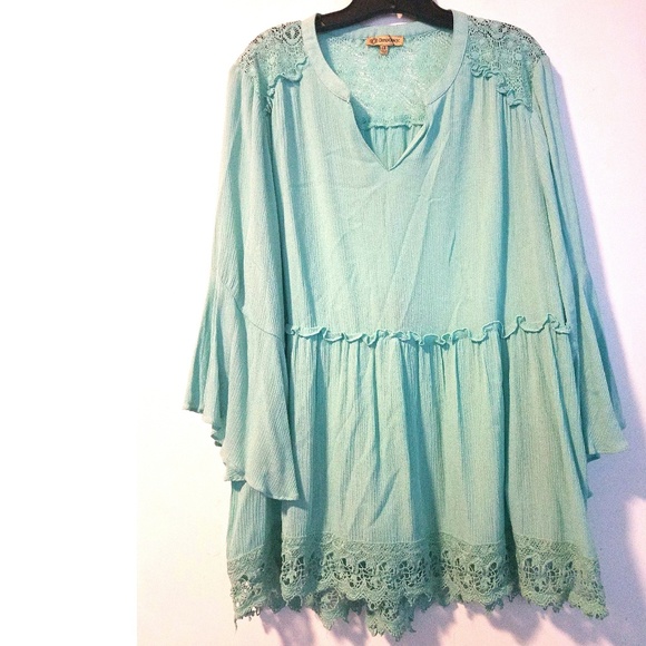 Democracy Flounce Sleeve Crochet Trim Peasant Top - Picture 2 of 8